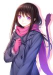  1girl blazer brown_hair cat_tail gloves highres iki_hiyori long_hair looking_at_viewer noragami pink_gloves scarf smile solo steelleets tail violet_eyes 