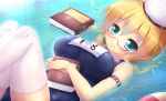  1girl blonde_hair book breasts glasses hat i-8_(kantai_collection) innertube kane-neko kantai_collection long_hair lying personification school_swimsuit semi-rimless_glasses smile swimsuit thigh-highs twintails water 