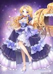 1girl bare_legs blonde_hair blue_eyes blush bow bracelet breasts carriage choker cinderella cleavage diffusion_million_arthur dress hair_bow jewelry large_breasts long_hair looking_at_viewer mauve original puffy_sleeves pumpkin short_sleeves solo tiara violet_eyes 