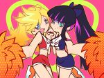  2girls alternate_hairstyle blonde_hair cheerleader holding_hands ingenmame long_hair midriff multicolored_hair multiple_girls official_style panty_&amp;_stocking_with_garterbelt panty_(psg) pom_poms ponytail skirt stocking_(psg) two-tone_hair 