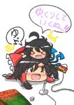  &gt;_&lt; 2girls ahoge asymmetrical_wings black_dress black_hair blush bow chibi controller cthulhu_mythos dress game_controller hair_bow hair_tubes hakurei_reimu houjuu_nue multiple_girls open_mouth red_eyes rindou_(p41neko) smile touhou wings wink yukkuri_shiteitte_ne 