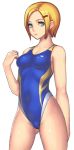  1girl bangs bare_shoulders blonde_hair blue_eyes collarbone competition_swimsuit covered_navel hair_ornament hairclip katagiri_(a1466502) one-piece_swimsuit original parted_bangs short_hair simple_background solo swimsuit white_background 