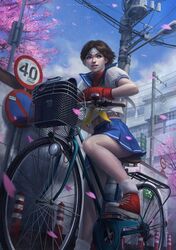  1girl bag basket bicycle brown_eyes brown_hair cherry_blossoms fingerless_gloves gloves headband kasugano_sakura pleated_skirt poibuts ryuu_(street_fighter) school_bag school_uniform shoes short_hair skirt sneakers solo street_fighter street_sign telephone_pole traffic_cone tree 