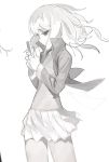  1girl cellphone hair_blowing highres holding_phone jacket ladic monochrome open_clothes open_jacket original phone pleated_skirt shirt simple_background sketch skirt solo standing unhappy white_background 