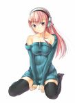  1girl bare_shoulders black_legwear blush breasts cleavage headphones large_breasts long_hair looking_at_viewer naked_sweater nitroplus pink_eyes pink_hair solo super_sonico sweater thigh-highs 
