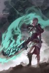  1girl bandages dress league_of_legends riven_(league_of_legends) shilin short_hair silver_hair solo sword watermark weapon yellow_eyes 