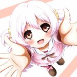  1girl artist_request blush carry_me looking_at_viewer mahou_shoujo_madoka_magica mahou_shoujo_madoka_magica_movie momoe_nagisa outstretched_arms ribbon smile solo source_request tagme twintails white_hair 