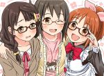  3girls :0 :d ;d abe_nana adjusting_glasses ahoge blush braid brown-framed_glasses brown_eyes brown_hair flower_(symbol) freckles glasses hug idolmaster idolmaster_cinderella_girls kamijou_haruna looking_at_viewer maid multiple_girls okuyama_saori open_mouth pink-framed_glasses pink_ribbon red-framed_glasses red_ribbon ribbon semi-rimless_glasses short_hair smile under-rim_glasses wince wink 