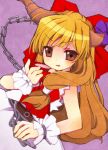  1girl alcohol bow brown_eyes chain drunk hair_bow holding holding_cup horn_ribbon horns ibuki_suika immaterial_and_missing_power long_hair looking_at_viewer oni open_mouth orange_hair red_bow red_ribbon ribbon sake shirt skirt sleeveless sleeveless_shirt solo suzu0118 touhou white_shirt 