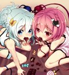  2girls alternate_hairstyle blue_eyes blush bow candy chocolate chocolate_heart eating hair_bow hair_ornament heart komeiji_koishi komeiji_satori lollipop looking_at_viewer minamura_haruki multiple_girls panties pink_eyes pink_hair short_hair siblings sisters third_eye touhou underwear 