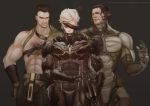  3boys anger_vein armor beard belt black_hair brown_eyes closed_eyes cyborg eyepatch facial_hair gloves grey_background hand_on_another&#039;s_shoulder hand_on_hip highres jewelry long_hair male metal_gear_(series) metal_gear_rising:_revengeance metal_gear_solid_4 multiple_boys necklace raiden samuel_rodrigues science_fiction vamp vetania white_hair 