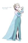  1girl a-ka aqua_dress blonde_hair blue_eyes braid cape dress elsa_(frozen) frozen_(disney) full_body high_heels light_smile long_dress long_hair looking_at_viewer parody poke_ball pokemon see-through side_slit simple_background single_braid solo standing style_parody white_background 