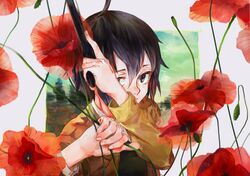  1girl aimiao_(cat_&amp;_believer) androgynous black_hair coat flower gun kino kino_no_tabi plant reverse_trap short_hair solo trigger_discipline weapon 