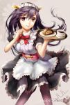  1girl alternate_costume apron black_dress black_hair black_legwear breasts cake coffee cup dress enmaided food hair_ornament hairband hairclip haruna_(kantai_collection) highres hisahisahisahisa kantai_collection lips long_hair maid maid_headdress pantyhose personification red_eyes short_sleeves smile solo tray waist_apron waitress 