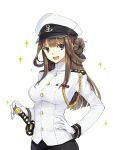  1girl :d alternate_costume brown_hair double_bun hao_(patinnko) hat highres kantai_collection katana kongou_(kantai_collection) long_hair looking_at_viewer naval_uniform open_mouth peaked_cap simple_background smile solo sparkle sword weapon white_background 