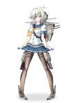  1girl absurdres blue_eyes breasts gloves hair_ornament hair_over_one_eye hairclip hamakaze_(kantai_collection) highres kantai_collection looking_at_viewer merufena pantyhose personification school_uniform serafuku short_hair silver_hair skirt_hold solo white_background 