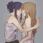  2girls alternate_hairstyle bare_shoulders blonde_hair blue_hair eye_contact face-to-face fujino_shizuru green_eyes hair_up incipient_kiss kuga_natsuki long_hair looking_at_another multiple_girls my-hime shanyushanyu side tank_top yuri 