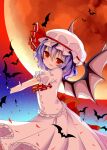  1girl absurdres ascot bat bat_wings bow dress fading freeze_(867139) frilled_dress frilled_hat frills full_moon hat highres looking_at_viewer moon open_mouth purple_hair red_eyes red_moon remilia_scarlet ribbon short_hair short_sleeves sky solo the_embodiment_of_scarlet_devil touhou wings 
