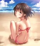 1girl back bare_arms bare_shoulders barefoot beach bikini blush brown_eyes brown_hair clouds hair_ornament hairclip looking_at_viewer looking_back original sand short_hair sitting sky solo soujun7023 swimsuit water 
