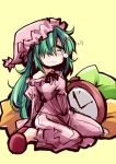  1girl :3 akatsuki_(kantai_collection) aqua_hair blush clock hair_over_one_eye hat hemogurobin_a1c kazami_yuuka kazami_yuuka_(pc-98) pajamas sitting sleepy slippers solo touhou touhou_(pc-98) wariza 