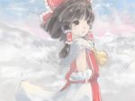  1girl ascot black_hair bow brown_eyes clouds detached_sleeves facing_away faux_traditional_media hair_bow hair_tubes hakurei_reimu lips masuchi mountain outdoors parted_lips payot short_hair skirt skirt_set sky solo touhou wind 