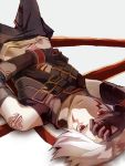  .hack// .hack//g.u. 1boy albino facial_mark gloves haseo ito_mijinko lying male midriff pants red_eyes solo tattoo white_background white_hair 