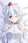  1girl animal_ears bed blush breast_squeeze breasts detached_sleeves embarrassed hand_on_own_chest hat imakyo inubashiri_momiji large_breasts looking_away red_eyes short_hair silver_hair solo tokin_hat touhou wink 