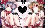  2girls argyle argyle_background arm_strap bat_wings blonde_hair blue_hair bow flandre_scarlet flower hat hat_bow heart hijiri-ssh leg_ribbon light_smile mob_cap multiple_girls naked_ribbon pink_eyes pointy_ears red_rose remilia_scarlet ribbon rose siblings sisters sitting thigh_strap touhou white_rose wings 