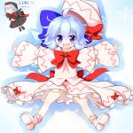  :3 :d black_clothes blue_eyes blue_hair bow cirno dress frilled_dress frills hair_bow hat hat_bow highres is_that_so letty_whiterock lily_black lily_black_(cosplay) lily_white lily_white_(cosplay) mofu_mofu open_mouth outstretched_arms short_hair smile spread_arms touhou wings 