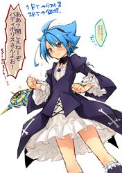  1boy blue_hair blush clenched_teeth cosplay crossdressinging dress future_card_buddyfight gothic_lolita hairband lolita_fashion male red_eyes revision rozen_maiden ryuuenji_tasuku simple_background solo suigintou suigintou_(cosplay) tobi_(one) translation_request white_background 