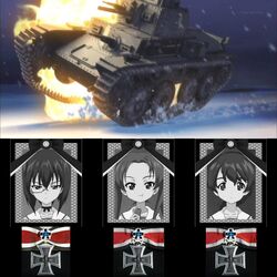  3girls caterpillar_tracks eating explosion fire food girls_und_panzer iron_cross kadotani_anzu kawashima_momo koyama_yuzu long_hair medal military military_vehicle monocle multiple_girls panzerkampfwagen_38(t) ponytail portrait_(object) school_uniform screencap short_hair snow snowing tank twintails vehicle 