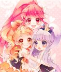  3girls aino_megumi blonde_hair blush crown cure_honey cure_lovely cure_princess happinesscharge_precure! heart long_hair looking_at_viewer magical_girl multiple_girls oomori_yuuko open_mouth pink_eyes pink_hair polka_dot polka_dot_background ponytail precure purple_hair shirayuki_hime smile twintails uzuki_aki violet_eyes yellow_eyes 