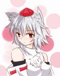  1girl animal_ears bare_shoulders blush breasts detached_sleeves hat highres inubashiri_momiji looking_at_viewer pom_pom_(clothes) red_eyes short_hair silver_hair solo tamu_shigeki tokin_hat touhou wolf_ears 