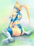  1girl ass back back_cutout blonde_hair blue_eyes boots breasts edexigerero heart_cutout large_breasts long_hair looking_over_shoulder mask rainbow_mika sitting solo street_fighter street_fighter_zero street_fighter_zero_3 twintails wariza 