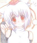  1girl animal_ears bare_shoulders blush breasts dated detached_sleeves fingerless_gloves gloves hat hestia_(neko_itachi) inubashiri_momiji looking_at_viewer orange_eyes paw_pose pom_pom_(clothes) silver_hair smile solo tokin_hat touhou traditional_media wolf_ears 