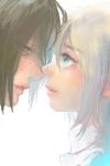  2girls aqua_eyes blonde_hair christa_renz close-up eye_contact eyelashes face face-to-face faux_traditional_media freckles lips looking_at_another multiple_girls profile shingeki_no_kyojin short_hair side tbtbi white_background ymir_(shingeki_no_kyojin) 