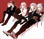  4girls braid brown_hair crossed_arms dangan_ronpa flipped_hair formal fukawa_touko genocider_shou glasses hair_ornament hair_ribbon hairclip hinata_hajime hinata_hajime_(cosplay) hoodie kirigiri_kyouko kuzuryuu_fuyuhiko kuzuryuu_fuyuhiko_(cosplay) long_hair long_tongue multiple_girls naegi_makoto naegi_makoto_(cosplay) nanami_chiaki necktie pekoyama_peko pink_eyes pink_hair purple_hair qinnye red_eyes ribbon silver_hair single_braid smile suit super_dangan_ronpa_2 togami_byakuya togami_byakuya_(cosplay) tongue tongue_out twin_braids 