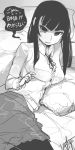  1girl breasts eric_muentes large_breasts long_hair madeline_(woofycakes) monochrome original pantyhose pillow skirt solo speech_bubble translation_request 