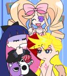  3girls blonde_hair bow censored creator_connection crossover dress drill_hair eyepatch hair_bow harime_nui kill_la_kill long_hair multiple_girls panty_&amp;_stocking_with_garterbelt panty_(psg) smile stocking_(psg) twin_drills 