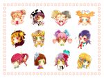  6+girls aquarius aries blonde_hair blush brown_hair cancer capricorn cow_print fish_hair_ornament flower green_eyes hair_flower hair_ornament highres kei_shu kiss leo libra lobster milk_carton multiple_girls pink_hair pisces pointy_ears red_eyes redhead sagittarius scorpio smile virgo yellow_eyes zodiac 