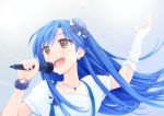  1girl asterisk_(artist) blue_hair bracelet earrings flower flower_on_head gloves hair_ornament idolmaster jewelry kisaragi_chihaya long_hair microphone necklace open_mouth singing solo yellow_eyes 