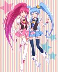  2girls aino_megumi black_legwear blue_eyes blue_hair blue_skirt blush boots crown cure_lovely cure_princess happinesscharge_precure! heart highres magical_girl multiple_girls open_mouth pink_eyes pink_hair pink_skirt ponytail precure purea shirayuki_hime skirt smile star thigh-highs thigh_boots twintails vertical-striped_background white_legwear wink 