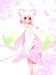  1girl adapted_costume alternate_color animal_ears asn_s blush cape dowsing_rod floral_background floral_print highres holding jewelry long_sleeves looking_at_viewer mouse_ears mouse_tail nazrin open_mouth pendant petals pink_hair red_eyes short_hair simple_background solo tail touhou undefined_fantastic_object wide_sleeves 