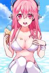  1girl bikini breasts food headphones hum_(fpswp777) ice_cream ice_cream_cone large_breasts long_hair looking_at_viewer nitroplus open_mouth partially_submerged pink_eyes pink_hair solo super_sonico swimsuit thigh-highs water white_legwear wrist_cuffs 