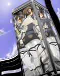  4girls against_glass ashigara_(kantai_collection) black_hair brown_eyes brown_hair clouds gloves haguro_(kantai_collection) hair_ornament hairband kantai_collection lens_flare long_hair multiple_girls myoukou_(kantai_collection) nachi_(kantai_collection) open_mouth pantyhose personification short_hair sky telephone_booth white_gloves white_legwear zinger_(excess_m) 