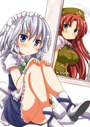  2girls blue_eyes blush braid breasts hat hong_meiling ishimori_sakana izayoi_sakuya legs long_hair maid maid_headdress multiple_girls redhead silver_hair smile star touhou twin_braids window 