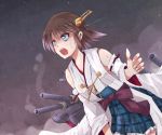  1girl bare_shoulders battle blue_eyes brown_hair cannon detached_sleeves female hairband headgear hiei_(kantai_collection) japanese_clothes kantai_collection kay_(utd) night nontraditional_miko open_mouth personification plaid short_hair skirt solo turret 