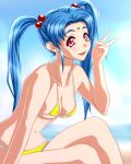  1girl 286c bikini blue_hair breasts cleavage collarbone facial_mark forehead_mark hair_bobbles hair_ornament highres long_hair looking_at_viewer masaki_sasami_jurai midriff navel open_mouth pink_eyes sitting solo string_bikini swimsuit tenchi_muyou! tenchi_muyou!_gxp twintails under_boob v yellow_bikini 