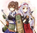  2girls bow_(weapon) brown_eyes brown_hair flower green_eyes hairband harapekopikachu japanese_clothes kaga_(kantai_collection) kantai_collection long_hair multiple_girls muneate personification quiver short_hair shoukaku_(kantai_collection) side_ponytail silver_hair skirt smile weapon 