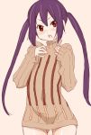  1girl blush k-on! long_hair looking_at_viewer nakano_azusa open_mouth pocky purple_hair red_eyes ribbed_sweater shinama solo sweater 